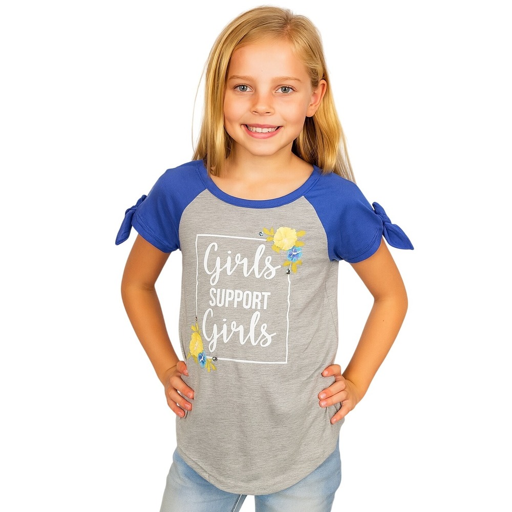 Girls Support Girls Lily Bleu T Shirt Blue Sleeve Top Floral Graphic Size L